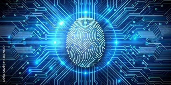 Fototapeta Digital Fingerprint Security A Glowing White Fingerprint on a Blue Circuit Board Background