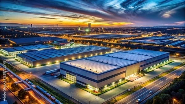 Obraz Night shot of a massive industrial warehouse, seen from above.  Architectural details are clear.