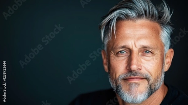 Fototapeta An expressive image of a man with silver hair showcasing a warm smile, radiating confidence and approachability, set against a subdued, dark background.