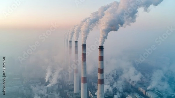 Fototapeta Polution in city, Smoke billows from industrial chimneys, creating a hazy skyline. The image depicts environmental pollution and its impact on air quality.
