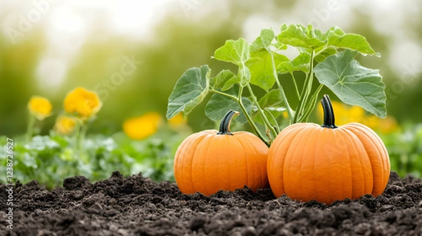 Fototapeta Two small pumpkins growing in a garden, sunny day, background blurred