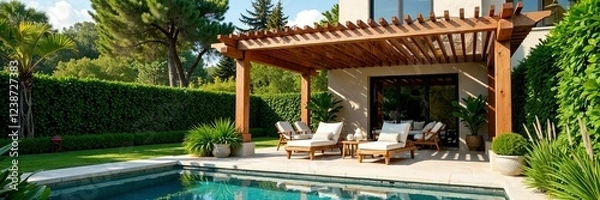Fototapeta A serene backyard oasis featuring a pool and comfortable lounge chairs under a pergola.