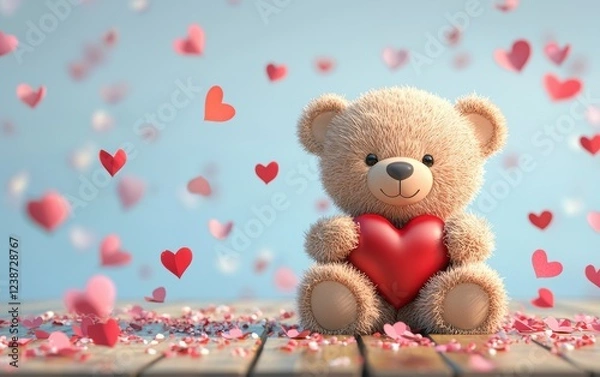 Fototapeta Adorable Valentines Day teddy bear holding a heart, surrounded by floating petals, and a blank message area