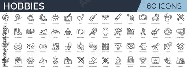 Fototapeta Set of 60 outline icons related to hobby.  Linear icon collection. Editable stroke. Vector illustration	