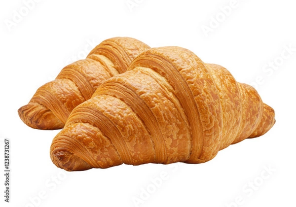 Fototapeta Two golden brown croissants with a flaky texture isolated on white background