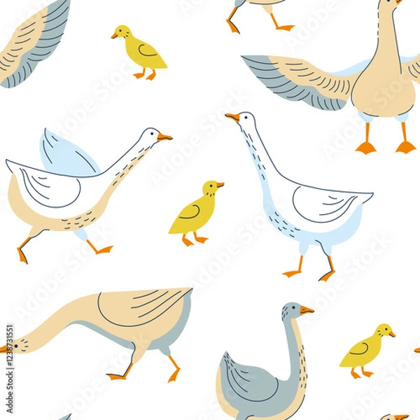 Fototapeta Seamless pattern with goose and little ducklings