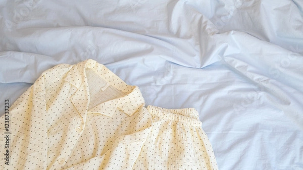 Fototapeta Close-up of pajamas lying on a bed with pastel blue bed linen. Сopy space. Concept of soft, cozy, relaxing sleep atmosphere.
