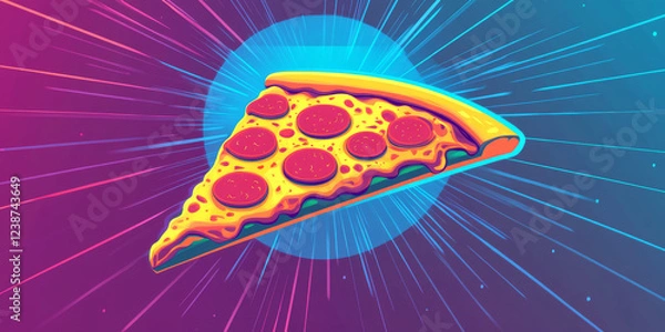Fototapeta A slice of pepperoni pizza featuring melted cheese and a golden crust is showcased against a colorful backdrop with bright blue and pink rays radiating outward, creating an energetic atmosphere