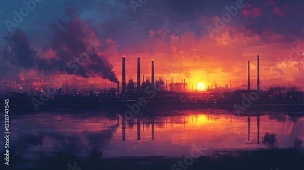 Fototapeta Fiery sunset silhouettes industrial complex reflecting calmly on still water. AI Generated