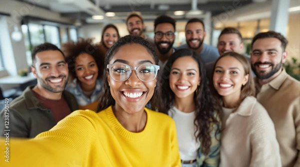 Fototapeta Selfie et groupe de personnes d’affaires au bureau prenant des photos pour les réseaux sociaux. Portrait de diversité, collaboration et amis heureux, hommes et femmes riant et prenant une photo pour l