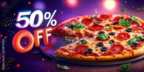 Fototapeta A tempting pizza loaded with pepperoni, olives, and basil sits on a dark platter. Colorful lights create an inviting atmosphere, emphasizing the 50% discount offer