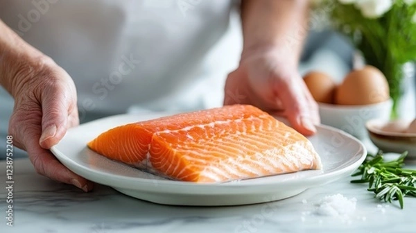 Fototapeta A carefully arranged salmon fillet on a plate, complemented by fresh herbs and eggs, showcasing the beauty of culinary presentation and the essence of home cooking.