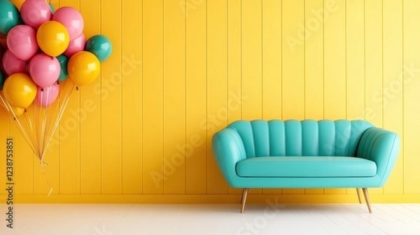 Fototapeta A retro-style turquoise couch is placed against a vivid yellow wall, accompanied by vibrant balloons, creating an inviting and playful setting.