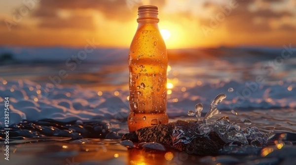 Fototapeta Plastic Bottle on Ocean Shore with Dramatic Sunset Reflections, Water Splash, and Golden Light Capturing Environmental ConcernsPlastic pollution
