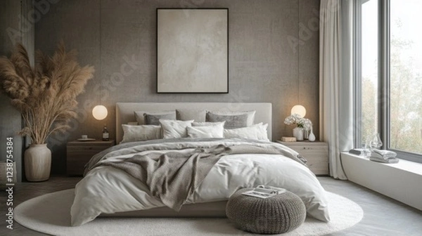 Fototapeta Cozy modern bedroom with neutral tones and elegant decor featuring large windows and soft lighting