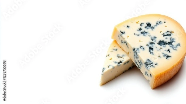 Fototapeta An enticing visual showcasing a cut block of blue cheese highlights its intricate veins and inviting appearance, appealing to cheese lovers and gourmet enthusiasts alike.