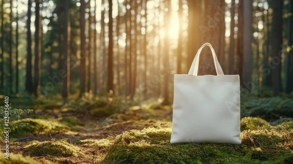 Fototapeta A plain eco-friendly tote bag placed on soft moss in a sunlit forest, symbolizing nature and sustainability, inviting a connection with the environment.