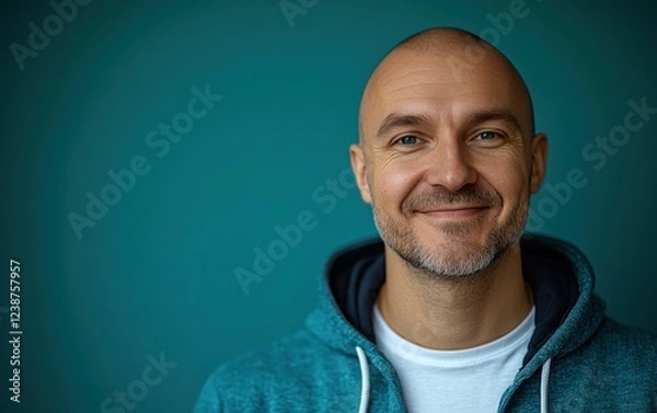 Fototapeta A man with a beard and a blue hoodie is smiling