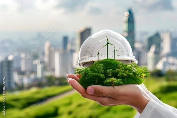 Obraz Eco-Friendly Urban Development Concept with Wind Turbines and Trees