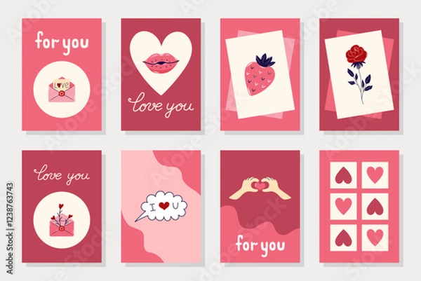Obraz Happy Valentine's Day Cards collection. 8 Simple cute greeting cards with hearts on pink background. Vector illustration.