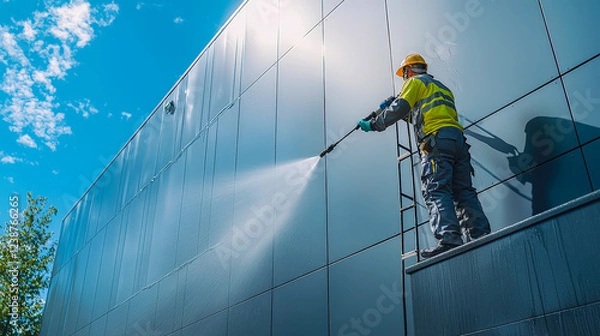 Obraz Worker cleans building exterior using a pressure washer during bright sunny day in urban setting