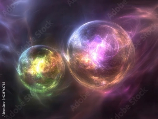 Fototapeta mystical floating orbs glowing with bioluminescent energy against deep space background, nebula colors swirling