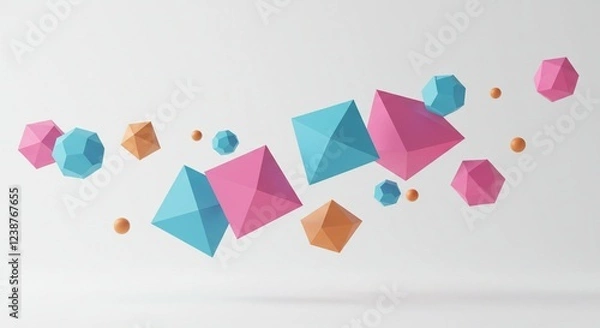 Fototapeta Abstract 3D Geometric Shapes Pink Blue Orange Polygons