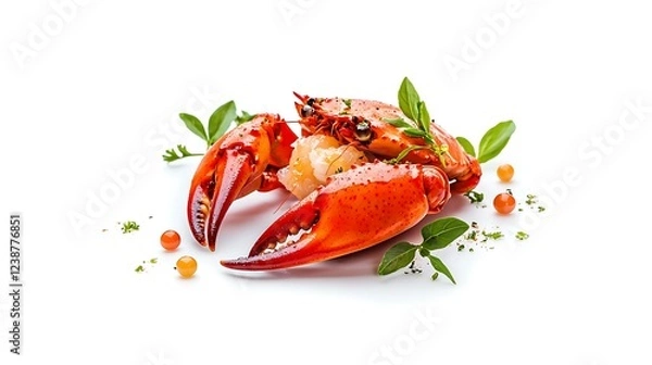 Fototapeta Fresh Seafood Display with Vibrant Red Lobster Claws and Garnishes on White Background Claw diet gourmet