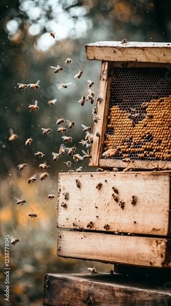 Fototapeta A beekeeper's hive with bees buzzing around wooden frames.