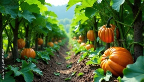 Fototapeta Pumpkin vines entwined with twigs and branches, greenery, farm, branches