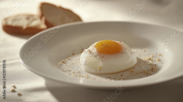 Fototapeta Perfectly poached egg with a runny yolk on a white ceramic plate, surrounded by toasted bread crumbs on a light linen tablecloth, creating a serene and elegant minimalist food composition.