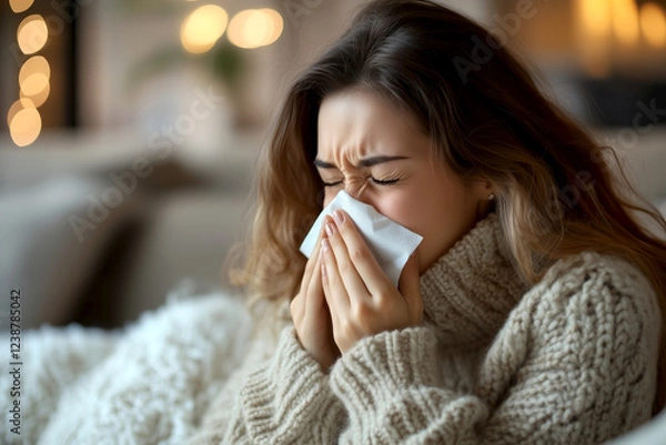 Fototapeta Sneezing woman in cozy sweater. A woman is sitting indoors, wearing a cozy sweater and using a tissue to wipe her nose. She appears to be experiencing allergy or flu symptoms in home setting