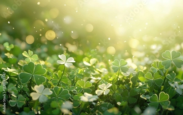 Obraz Traditional Saint Patrick Day clover meadow with a soft golden glow and a peaceful text space