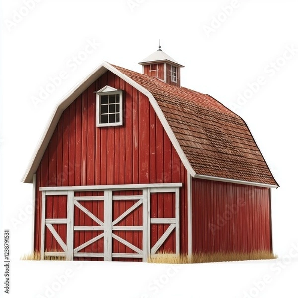 Fototapeta Wooden barn with red paint and white trim, isolated on white background