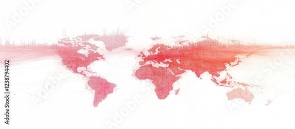 Fototapeta Global network connections, world map, data flow, city skylines, background