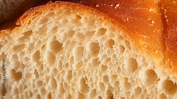 Fototapeta Abstract background, spongy texture of freshly baked aromatic warm bread in a cut, closeup
