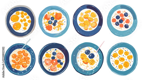 Fototapeta Porridge And Cornflakes Plates Collection Stylized Illustrations Trendy Style White Background Unique Artwork Creative Design Breakfast Illustrations Decorative Features Artistic