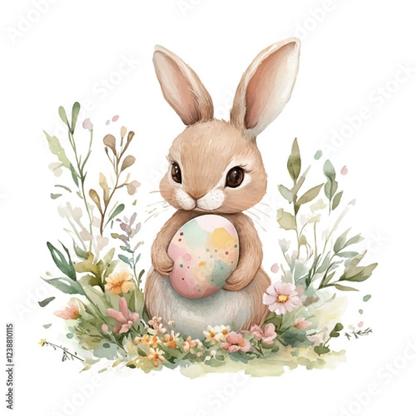 Fototapeta Easter rabbit holding an Easter egg in a field of flowers. The rabbit is cute and the flowers are colorful