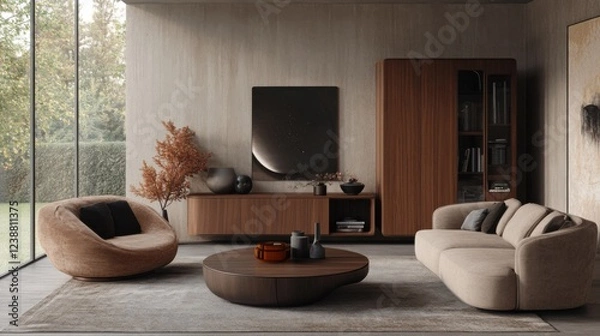 Fototapeta Modern living room with elegant furniture, large windows, and neutral tones in a cozy setting