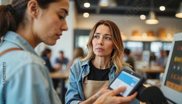 Fototapeta frustrated shopper Concerned customer looking at digital payment screen