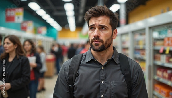 Fototapeta Concerned man shopping in grocery store aisle