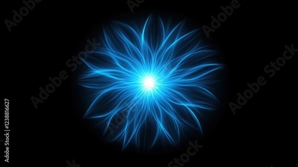 Fototapeta A futuristic abstract tech background featuring vibrant blue neon laser rays arranged in a dynamic circular formation. 