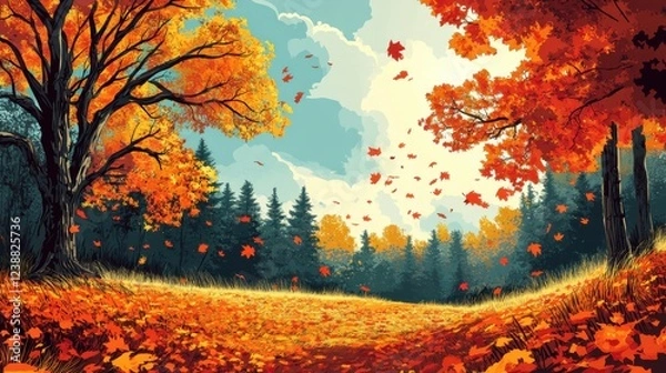 Fototapeta Vibrant autumn forest with falling leaves and orange foliage under a clear sky