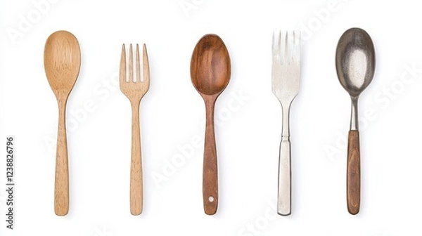 Fototapeta Detailed render of a set of stainless steel kitchen utensils including a fork spoon ladle and more arranged on a clean white background  The metallic tools are showcased in a minimalist