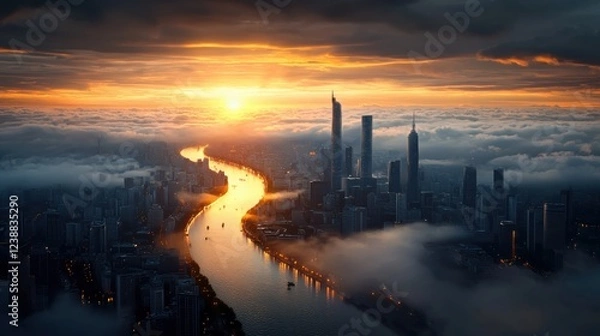Fototapeta Breathtaking aerial view of a modern city skyline at golden hour with a glowing river winding through the heart of the bustling metropolis