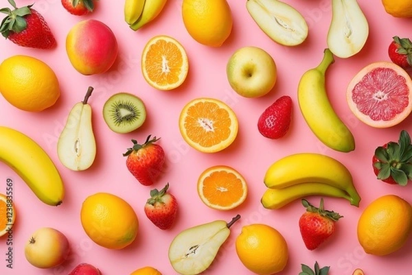 Fototapeta vibrant fruit arrangement on a pink background, featuring a variety of fruits with a neat and orderly layout, perfect for healthy eating promotion, fruit-themed decoration, or marketing materials