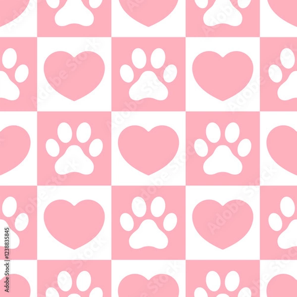 Fototapeta Hearts and paw prints in cute and minimalistic style on checkered background Vector seamless pattern