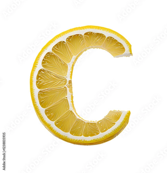 Fototapeta Letter C from a lemon slice isolated on layered transparent background. Design for presentation advertising, background display of cosmetic products. Natural vitamin C citruses and fruits. 