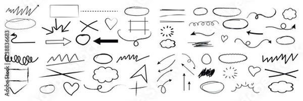 Fototapeta Line arrow hand drawn shape brush underline stroke element vector set. Hand drawn doodle sketch arrow, circle, star brush stroke scribble underline icon. Marker doodle heart vector illustration. 