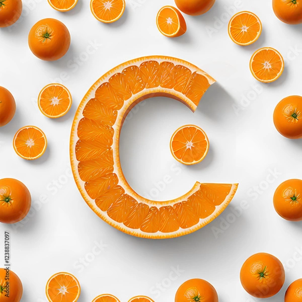 Fototapeta C letter orange fruit slice on oranges background. C vitamin concept icon.